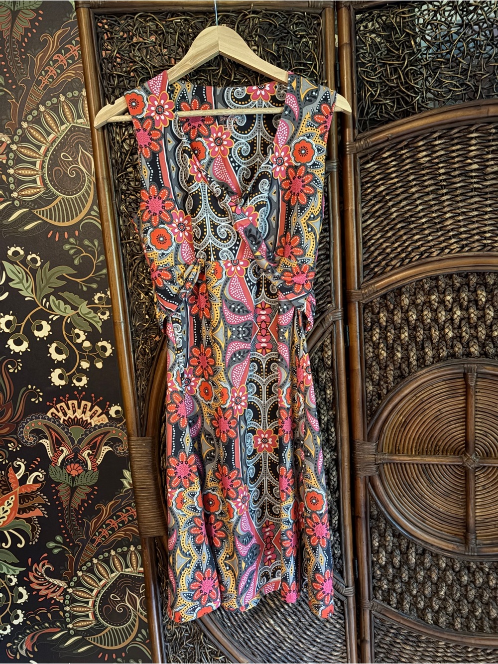 Prana Boho Floral Paisley Faux Wrap Midi Dress Side Tie Sleeveless Size L
